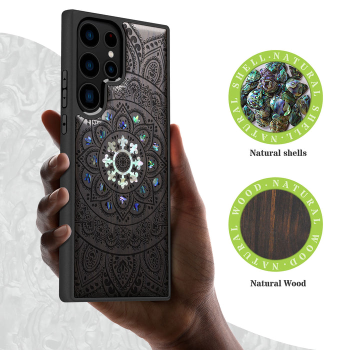 Mandala Floral, Hand-Inlaid Wood & Mother of Pearl Case - Artisanal Cover for Samsung Galaxy