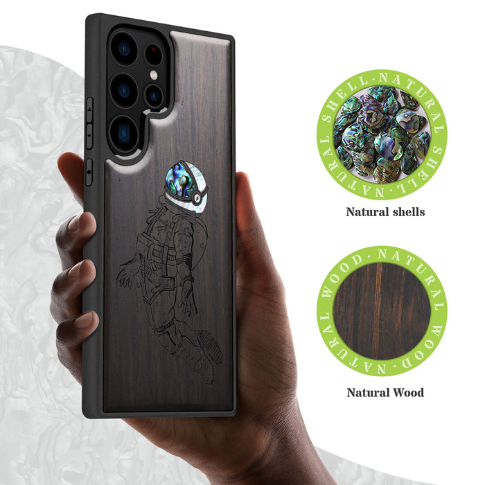 The Floating Astronaut, Hand-Inlaid Wood & Mother of Pearl Case - Artisanal Cover for Samsung Galaxy