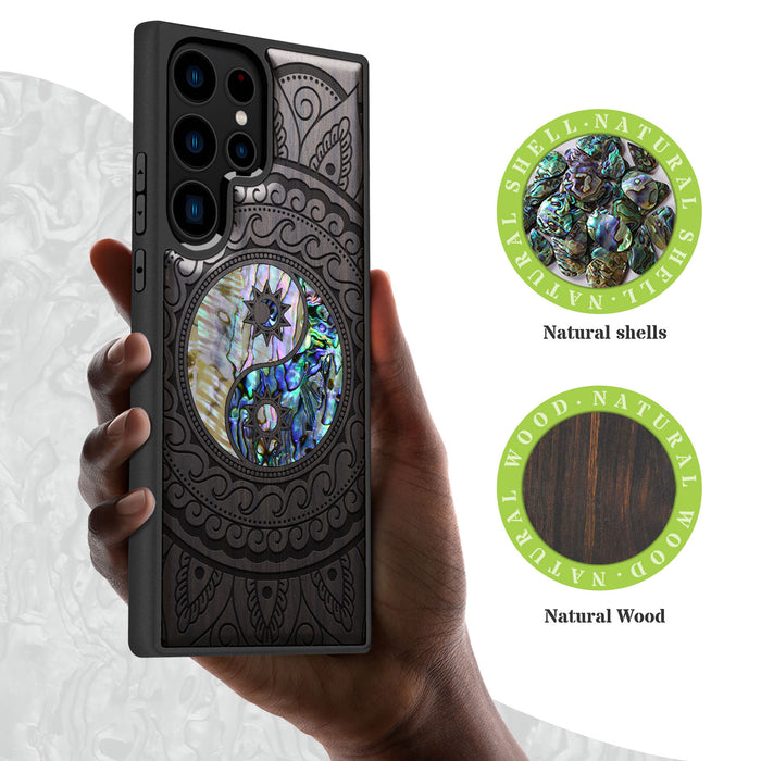 The Yin Yang Paisley, Hand-Inlaid Wood & Mother of Pearl Case - Artisanal Cover for Samsung Galaxy