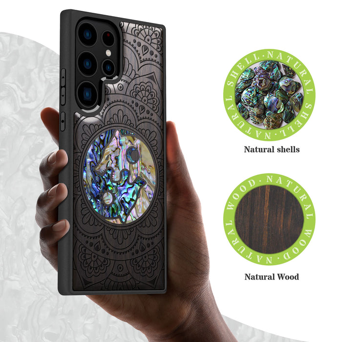 Yin-Yang Wolves Amidst Paisley, Hand-Inlaid Wood & Mother of Pearl Case - Artisanal Cover for Samsung Galaxy