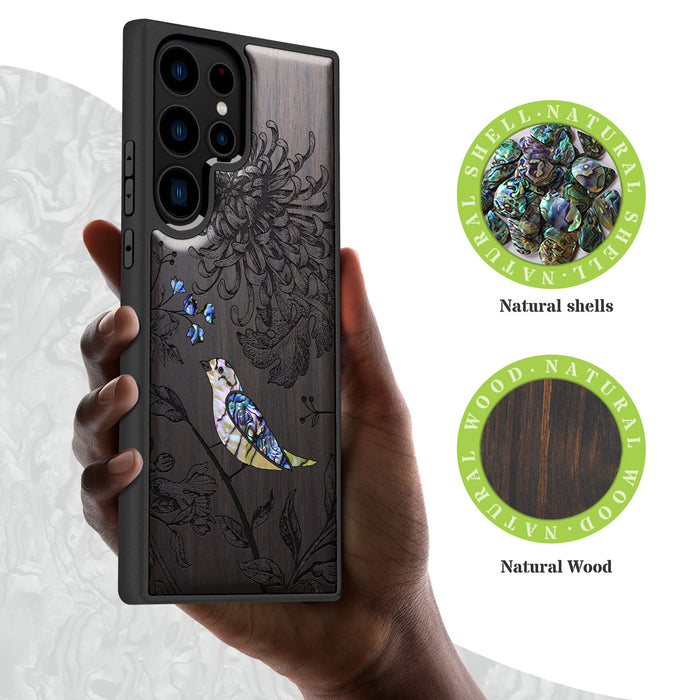 The Chrysanthemum and the Songbird, Hand-Inlaid Wood & Mother of Pearl Case - Artisanal Cover for Samsung Galaxy