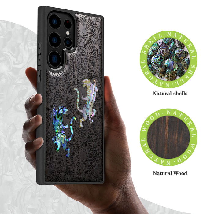 Tiger Amidst Flowers, Hand-Inlaid Wood & Mother of Pearl Case - Artisanal Cover for Samsung Galaxy