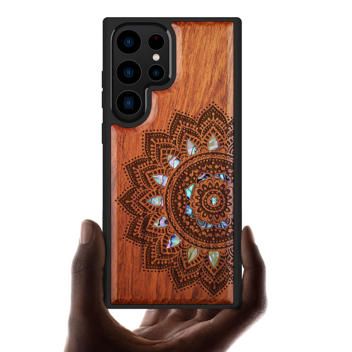 The Half Mandala Lace Art, Hand-Inlaid Wood & Mother of Pearl Case - Artisanal Cover for Samsung Galaxy