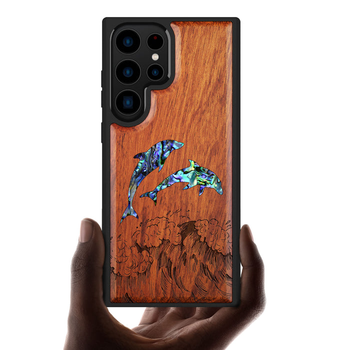 Dual Dolphins in the Waves, Hand-Inlaid Wood & Mother of Pearl Case - Artisanal Cover for Samsung Galaxy