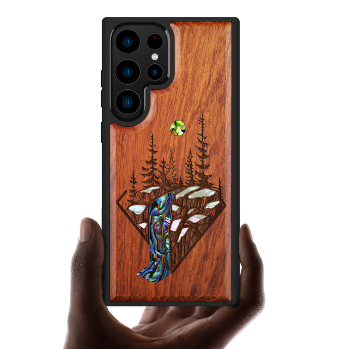 The Floating Forest and Waterfall, Hand-Inlaid Wood & Mother of Pearl Case - Artisanal Cover for Samsung Galaxy