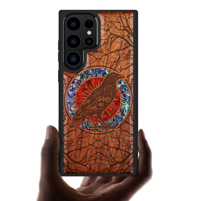 The Haloed Crow, Hand-Inlaid Wood & Mother of Pearl Case - Artisanal Cover for Samsung Galaxy