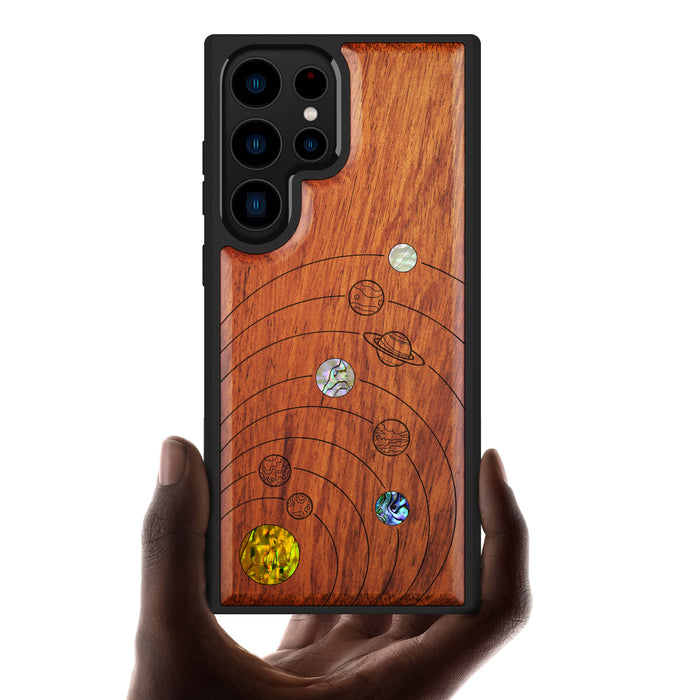 A Minimalist Line Work of Nine Planets, Hand-Inlaid Wood & Mother of Pearl Case - Artisanal Cover for Samsung Galaxy