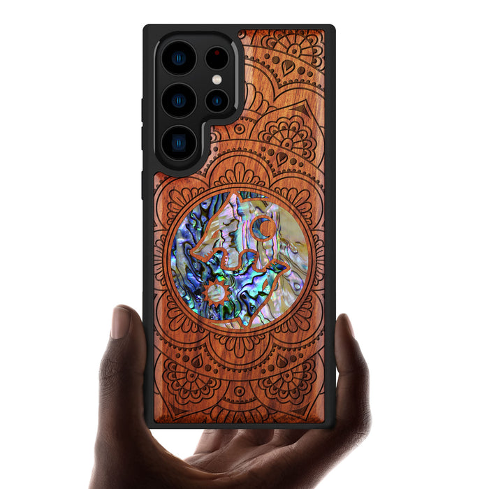 Yin-Yang Wolves Amidst Paisley, Hand-Inlaid Wood & Mother of Pearl Case - Artisanal Cover for Samsung Galaxy