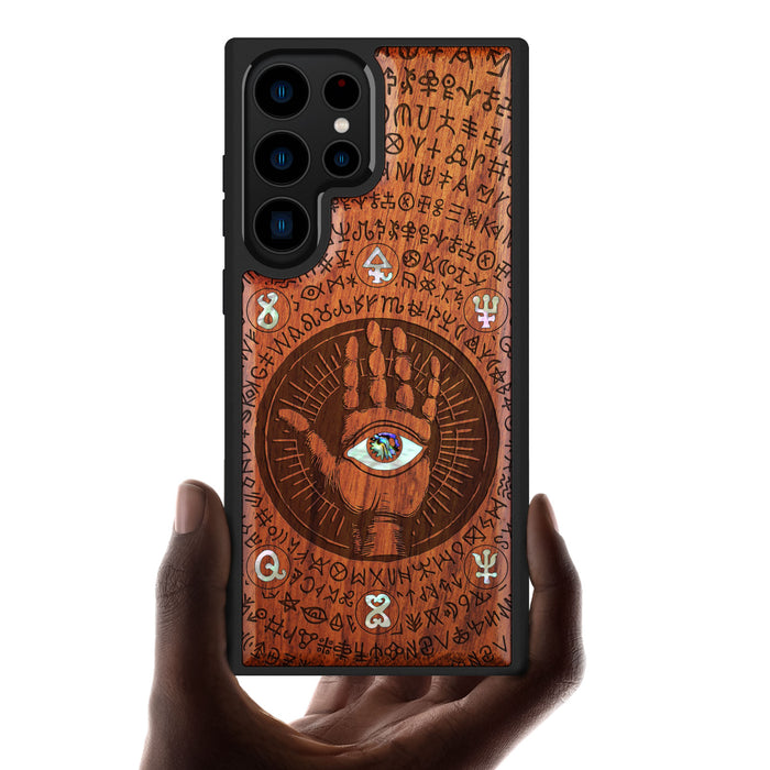 All-Seeing Hand, Hand-Inlaid Wood & Mother of Pearl Case - Artisanal Cover for Samsung Galaxy