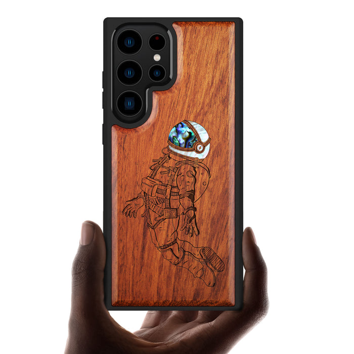 The Floating Astronaut, Hand-Inlaid Wood & Mother of Pearl Case - Artisanal Cover for Samsung Galaxy