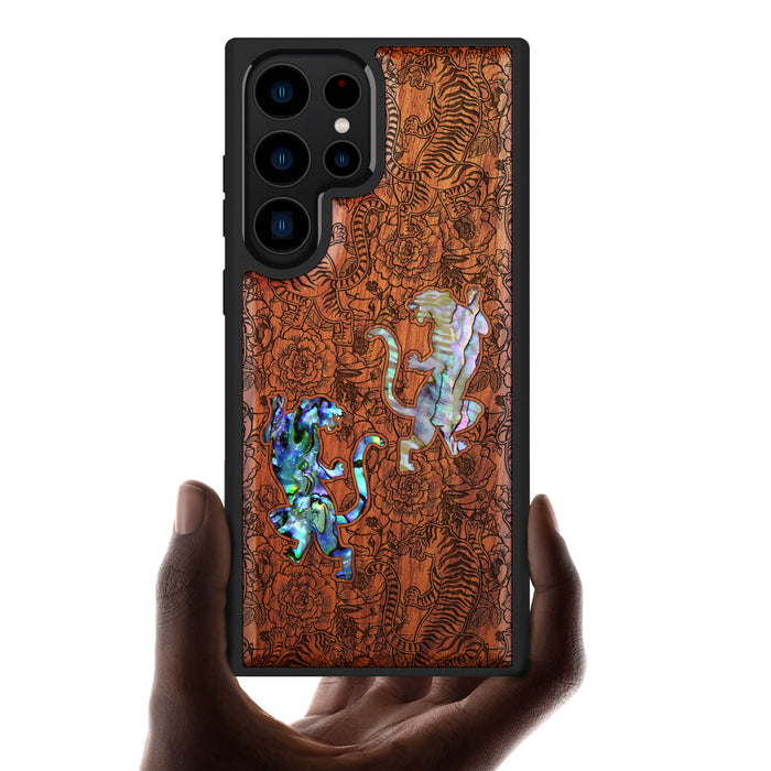 Tiger Amidst Flowers, Hand-Inlaid Wood & Mother of Pearl Case - Artisanal Cover for Samsung Galaxy