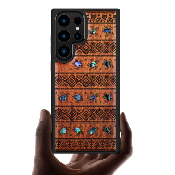 The Aztec Sea Turtle, Hand-Inlaid Wood & Mother of Pearl Case - Artisanal Cover for Samsung Galaxy