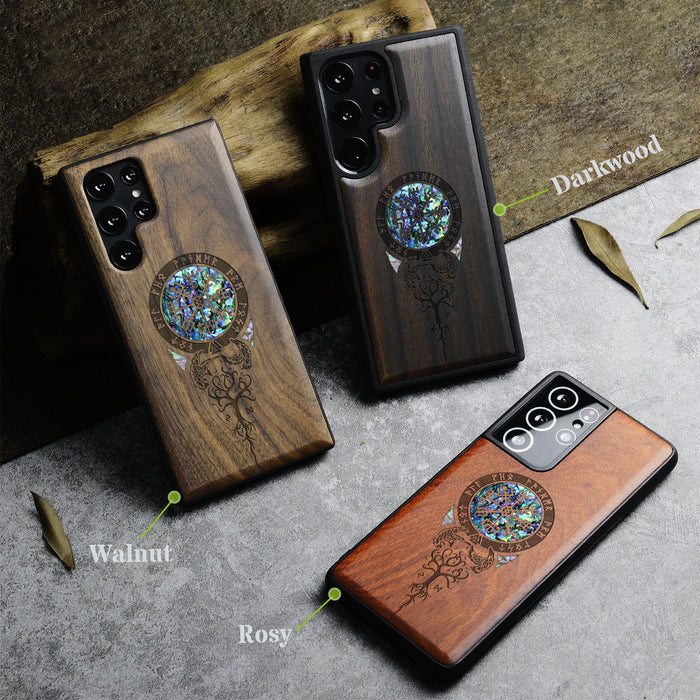 Dragon-Inspired Shield with Aegishjalmur, Hand-Inlaid Wood & Mother of Pearl Case - Artisanal Cover for Samsung Galaxy