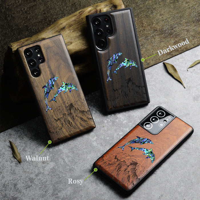 Dual Dolphins in the Waves, Hand-Inlaid Wood & Mother of Pearl Case - Artisanal Cover for Samsung Galaxy