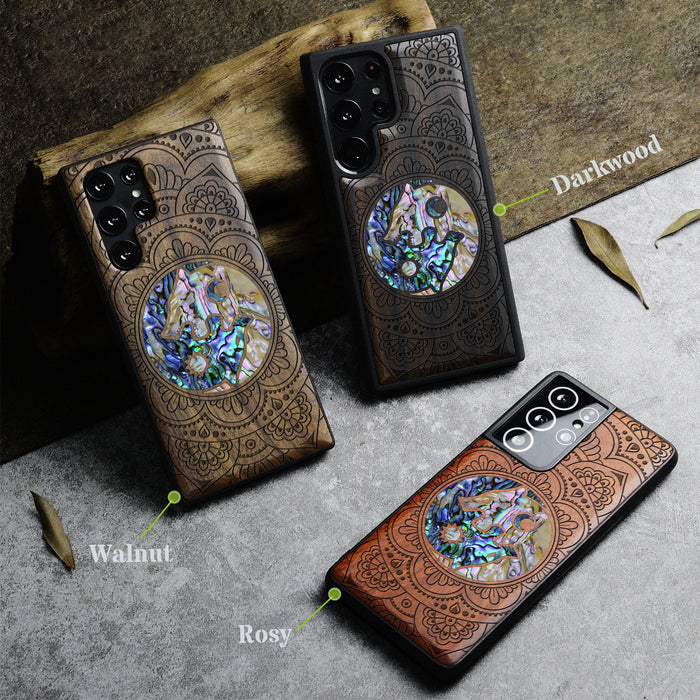 Yin-Yang Wolves Amidst Paisley, Hand-Inlaid Wood & Mother of Pearl Case - Artisanal Cover for Samsung Galaxy