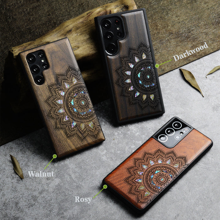 The Half Mandala Lace Art, Hand-Inlaid Wood & Mother of Pearl Case - Artisanal Cover for Samsung Galaxy