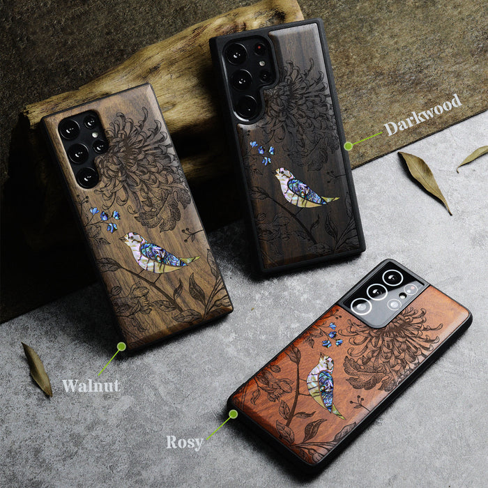 The Chrysanthemum and the Songbird, Hand-Inlaid Wood & Mother of Pearl Case - Artisanal Cover for Samsung Galaxy