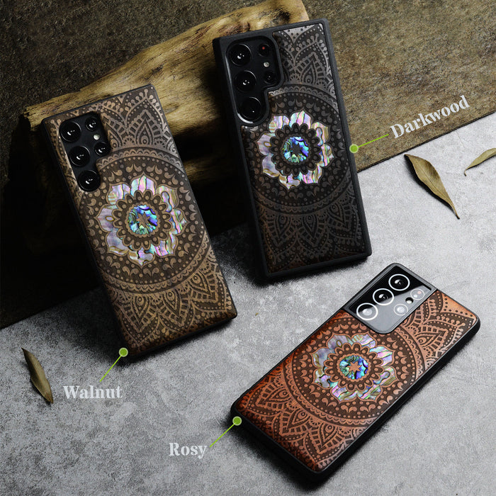 The Indian Floral Mandala, Hand-Inlaid Wood & Mother of Pearl Case - Artisanal Cover for Samsung Galaxy