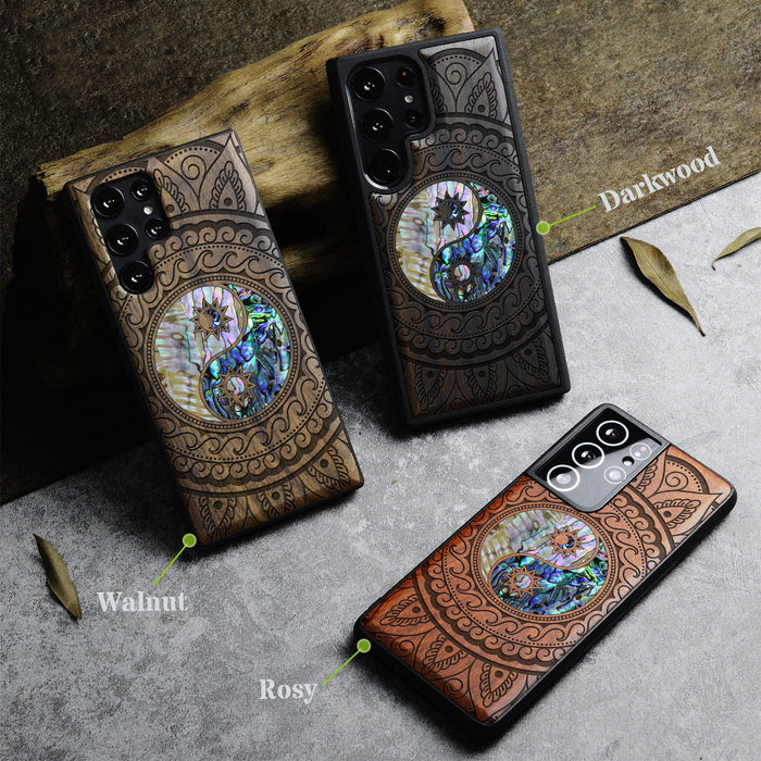 The Yin Yang Paisley, Hand-Inlaid Wood & Mother of Pearl Case - Artisanal Cover for Samsung Galaxy