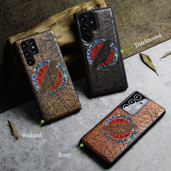 The Haloed Crow, Hand-Inlaid Wood & Mother of Pearl Case - Artisanal Cover for Samsung Galaxy