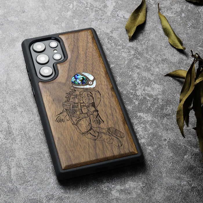 The Floating Astronaut, Hand-Inlaid Wood & Mother of Pearl Case - Artisanal Cover for Samsung Galaxy