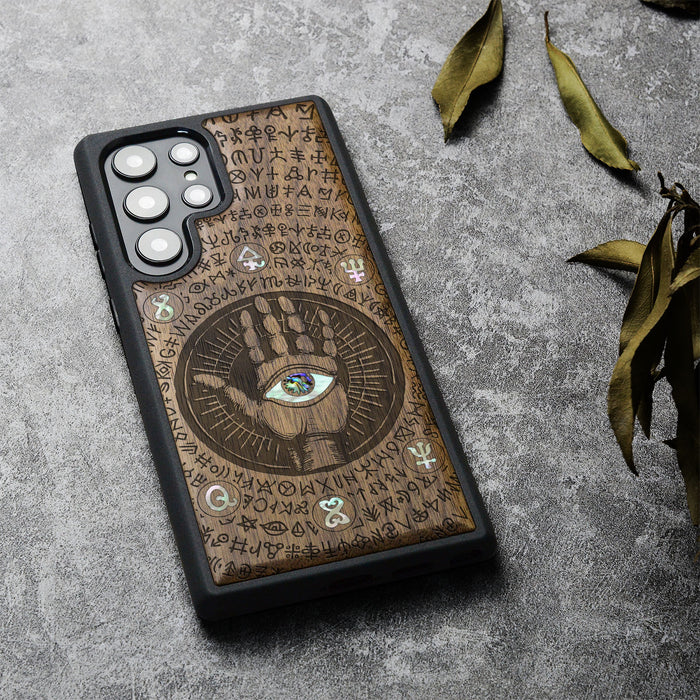 All-Seeing Hand, Hand-Inlaid Wood & Mother of Pearl Case - Artisanal Cover for Samsung Galaxy