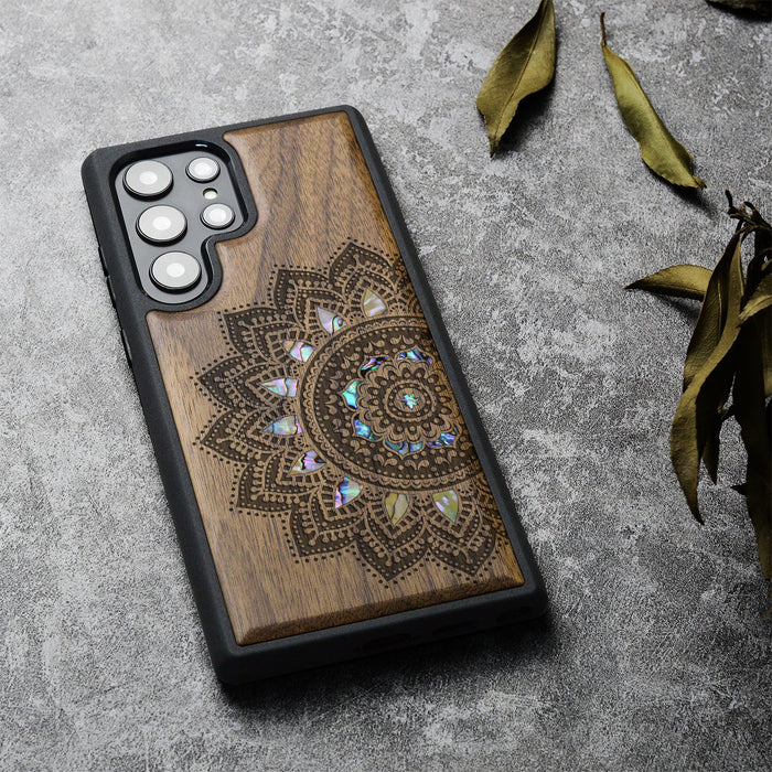 The Half Mandala Lace Art, Hand-Inlaid Wood & Mother of Pearl Case - Artisanal Cover for Samsung Galaxy