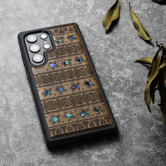 The Aztec Sea Turtle, Hand-Inlaid Wood & Mother of Pearl Case - Artisanal Cover for Samsung Galaxy