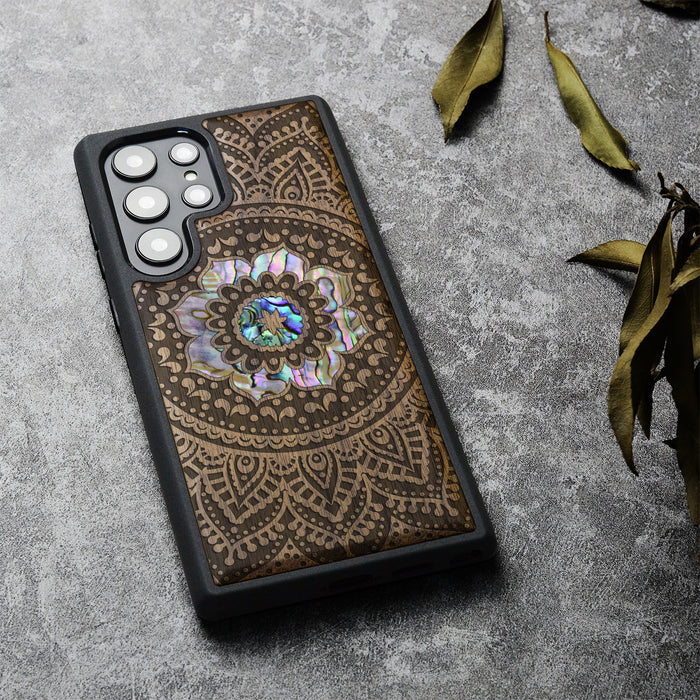 The Indian Floral Mandala, Hand-Inlaid Wood & Mother of Pearl Case - Artisanal Cover for Samsung Galaxy