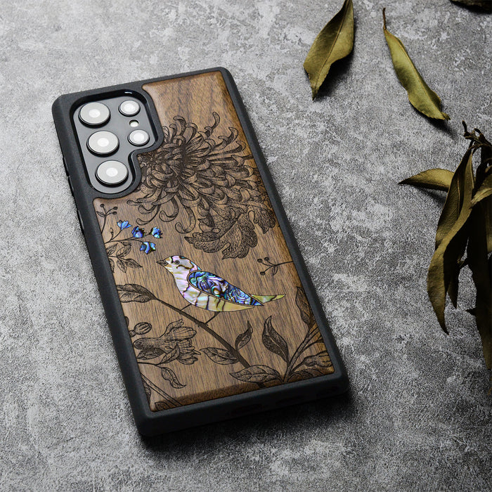 The Chrysanthemum and the Songbird, Hand-Inlaid Wood & Mother of Pearl Case - Artisanal Cover for Samsung Galaxy