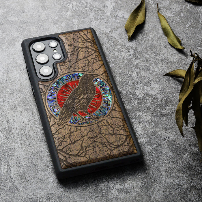 The Haloed Crow, Hand-Inlaid Wood & Mother of Pearl Case - Artisanal Cover for Samsung Galaxy