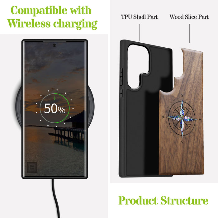 Shell Compass, Hand-Inlaid Wood & Mother of Pearl Case - Artisanal Cover for Samsung Galaxy