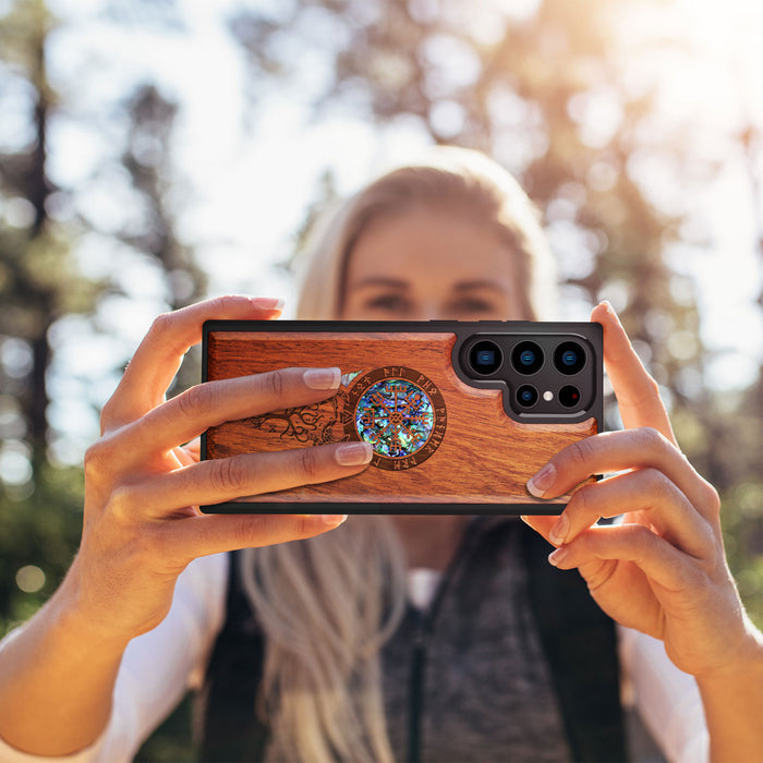 Dragon-Inspired Shield with Aegishjalmur, Hand-Inlaid Wood & Mother of Pearl Case - Artisanal Cover for Samsung Galaxy