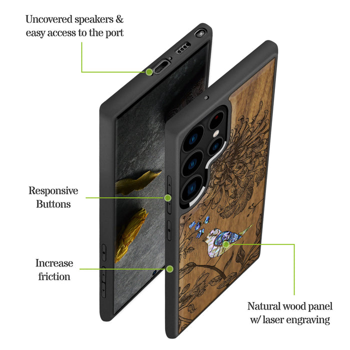 The Chrysanthemum and the Songbird, Hand-Inlaid Wood & Mother of Pearl Case - Artisanal Cover for Samsung Galaxy