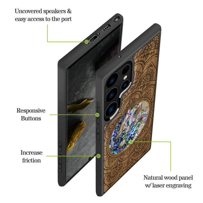 Yin-Yang Wolves Amidst Paisley, Hand-Inlaid Wood & Mother of Pearl Case - Artisanal Cover for Samsung Galaxy