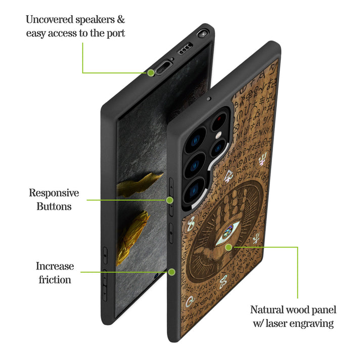 All-Seeing Hand, Hand-Inlaid Wood & Mother of Pearl Case - Artisanal Cover for Samsung Galaxy