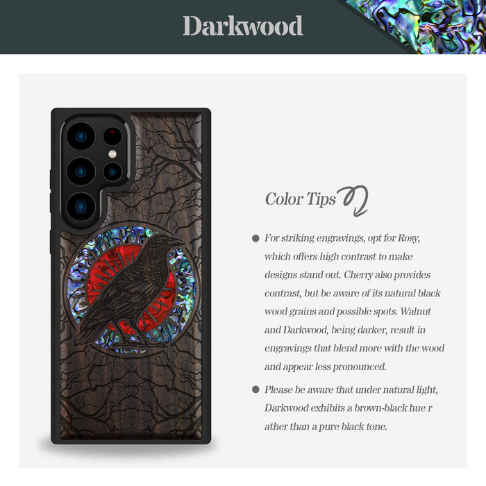 The Haloed Crow, Hand-Inlaid Wood & Mother of Pearl Case - Artisanal Cover for Samsung Galaxy