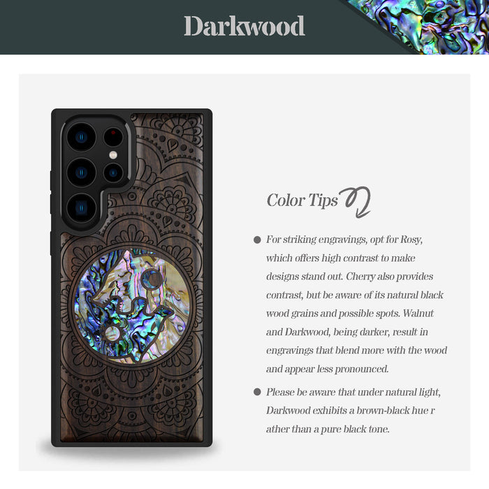 Yin-Yang Wolves Amidst Paisley, Hand-Inlaid Wood & Mother of Pearl Case - Artisanal Cover for Samsung Galaxy