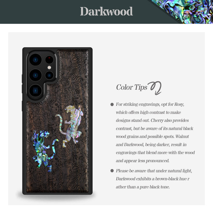 Tiger Amidst Flowers, Hand-Inlaid Wood & Mother of Pearl Case - Artisanal Cover for Samsung Galaxy