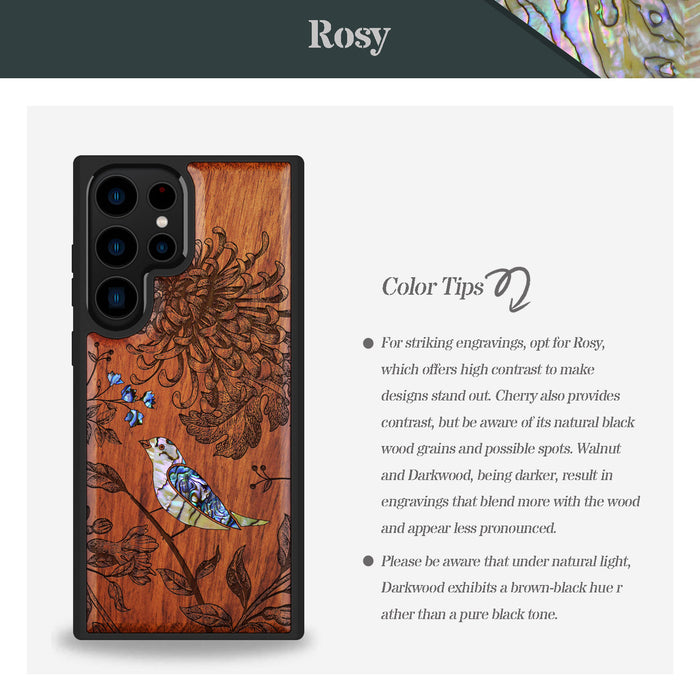 The Chrysanthemum and the Songbird, Hand-Inlaid Wood & Mother of Pearl Case - Artisanal Cover for Samsung Galaxy