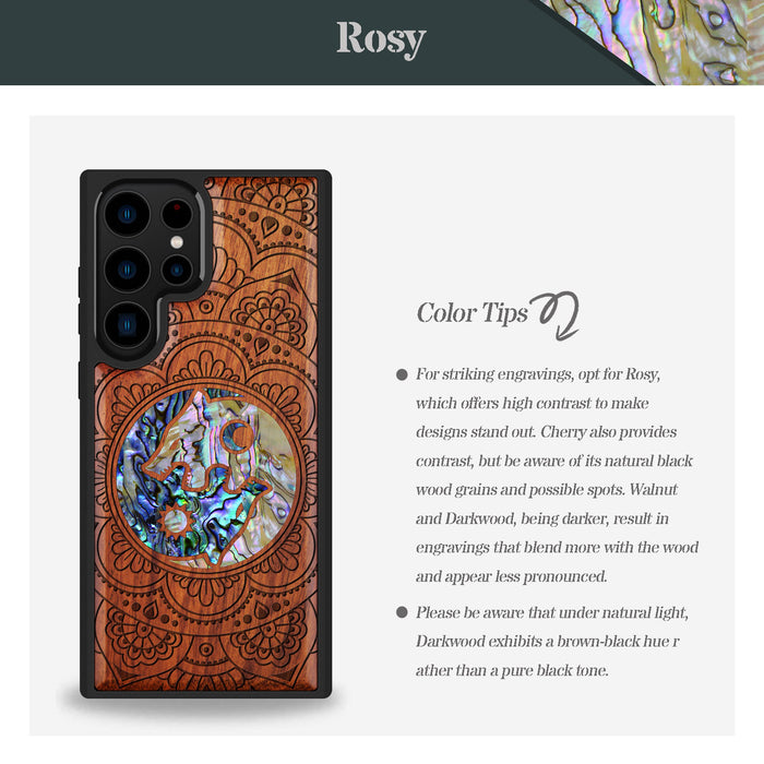 Yin-Yang Wolves Amidst Paisley, Hand-Inlaid Wood & Mother of Pearl Case - Artisanal Cover for Samsung Galaxy