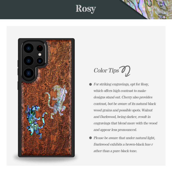 Tiger Amidst Flowers, Hand-Inlaid Wood & Mother of Pearl Case - Artisanal Cover for Samsung Galaxy