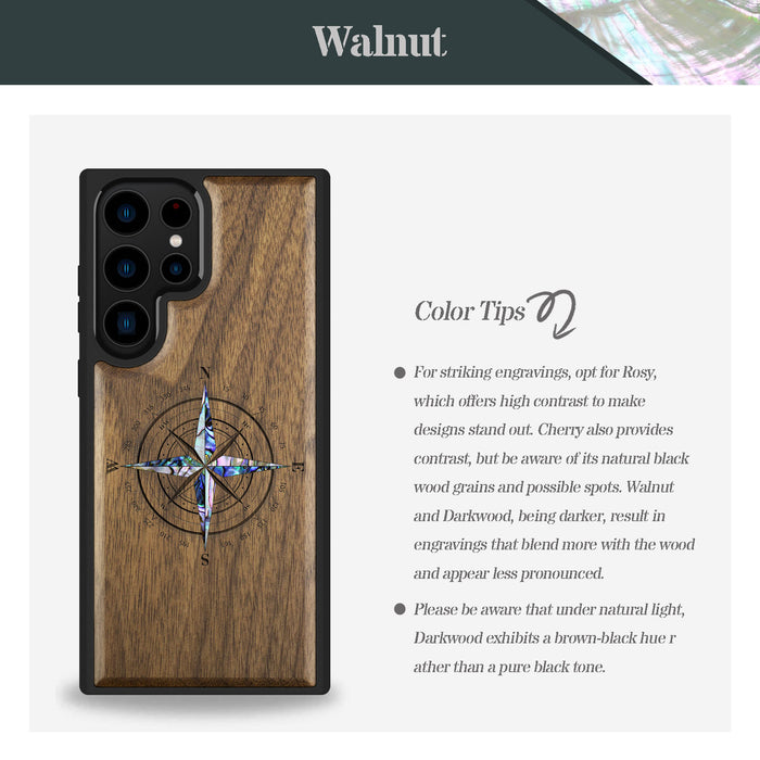 Shell Compass, Hand-Inlaid Wood & Mother of Pearl Case - Artisanal Cover for Samsung Galaxy