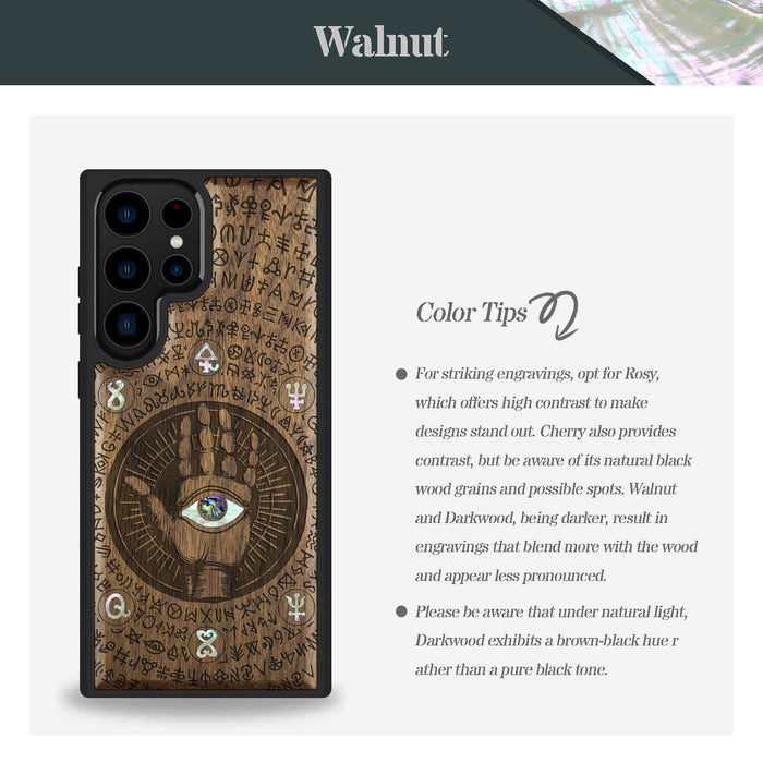 All-Seeing Hand, Hand-Inlaid Wood & Mother of Pearl Case - Artisanal Cover for Samsung Galaxy