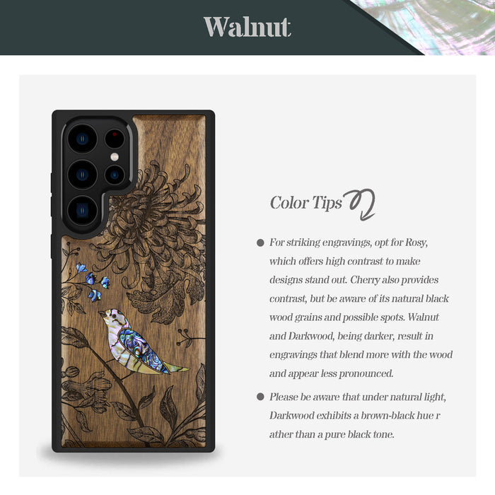 The Chrysanthemum and the Songbird, Hand-Inlaid Wood & Mother of Pearl Case - Artisanal Cover for Samsung Galaxy