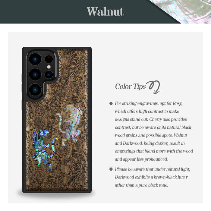 Tiger Amidst Flowers, Hand-Inlaid Wood & Mother of Pearl Case - Artisanal Cover for Samsung Galaxy