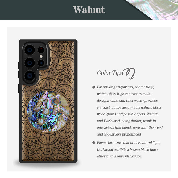 Yin-Yang Wolves Amidst Paisley, Hand-Inlaid Wood & Mother of Pearl Case - Artisanal Cover for Samsung Galaxy