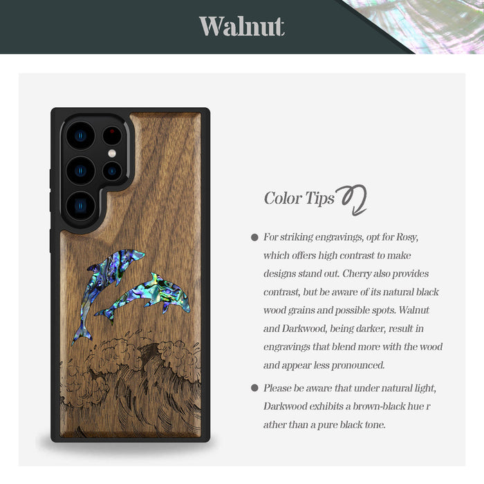 Dual Dolphins in the Waves, Hand-Inlaid Wood & Mother of Pearl Case - Artisanal Cover for Samsung Galaxy