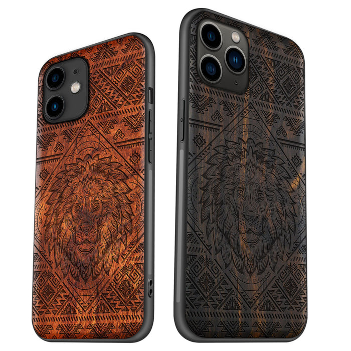 The Filigree Lion, Classic Engraved Wood & TPU Case - Artisanal Cover for Apple iPhone