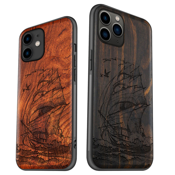 A Sailing Yacht on the Sea Waves, Classic Engraved Wood & TPU Case - Artisanal Cover for Apple iPhone